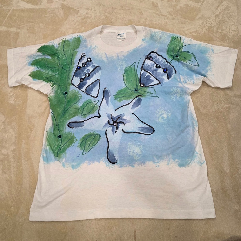 Vintage 90s India Ink Hand Painted Ocean Graphic Tee W/ Shoulder Pads One Size